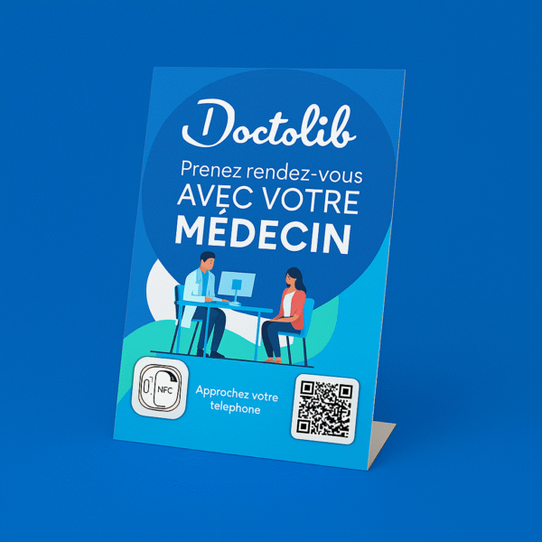 Doctolib NFC appointment stand with QR code for medical bookings